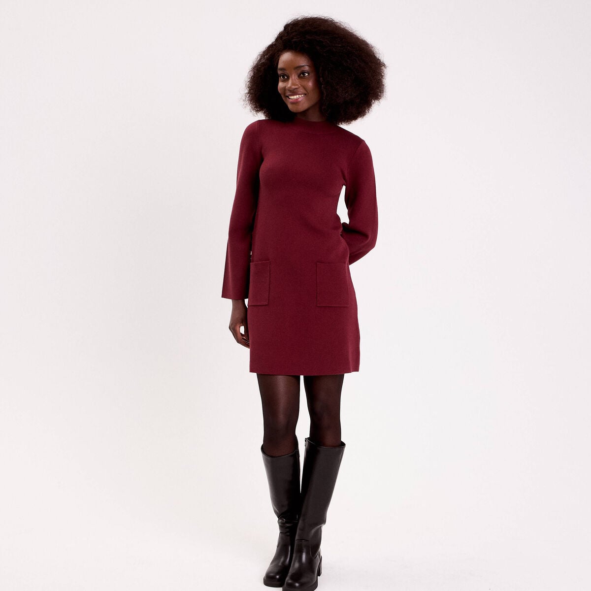 Robe manches longues col montant bordeaux femme