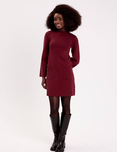 Robe manches longues col montant bordeaux femme