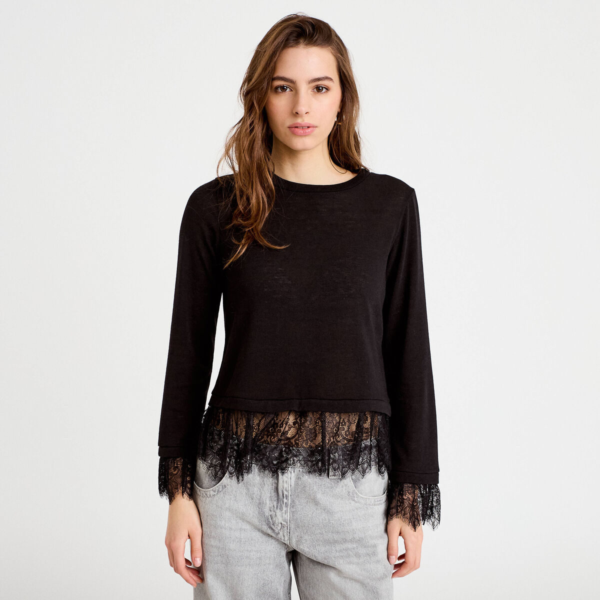 Pull d&eacute;tails de dentelle noir femme
