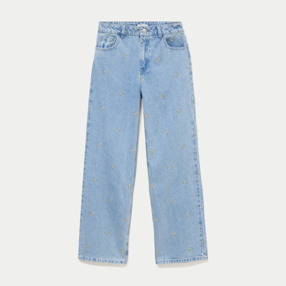 Jean wide leg broderie taille haute bleu femme