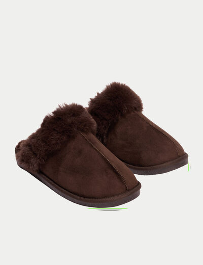 Chaussons fausse fourrure marron fonc&eacute; femme