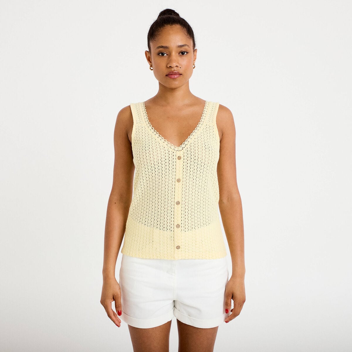 D&eacute;bardeur ajour&eacute; aspect dentelle col v jaune pastel femme