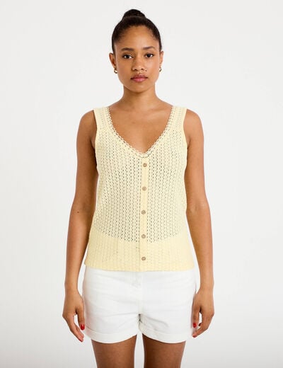 D&eacute;bardeur ajour&eacute; aspect dentelle col v jaune pastel femme