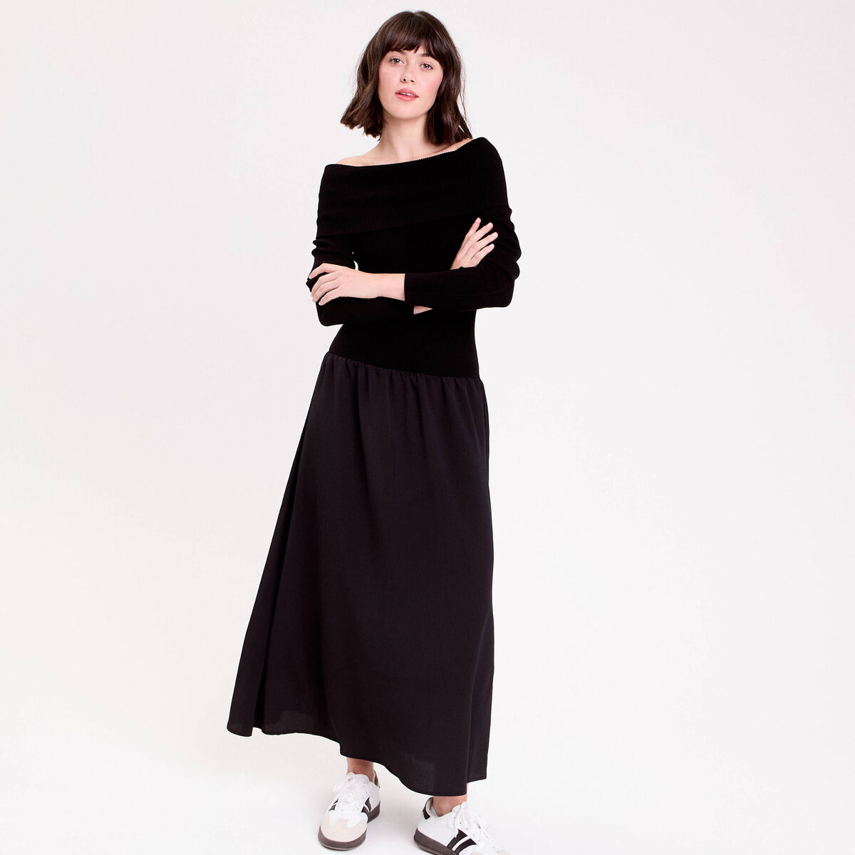 Robe longue effet 2-en-1 col bardot noir femme