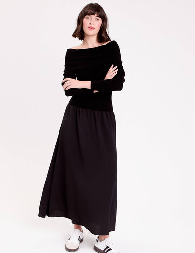 Robe longue effet 2-en-1 col bardot noir femme