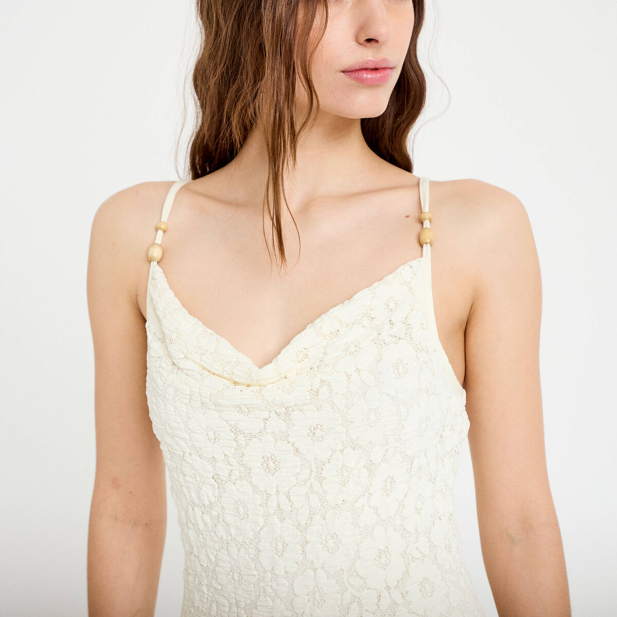 Robe longue droite en maille ecru femme