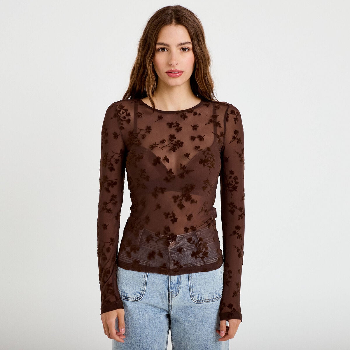 T-shirt ajust&eacute; manches longues marron cognac femme