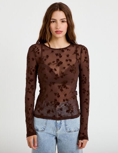T-shirt ajust&eacute; manches longues marron cognac femme