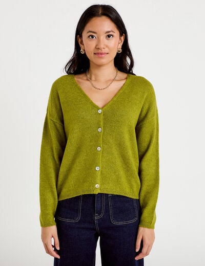 Gilet boutonn&eacute; avec col en V vert fonc&eacute; femme