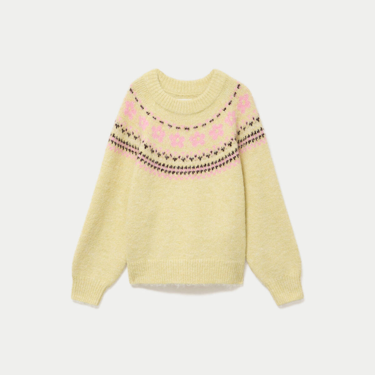 Pull col rond manches longues jaune clair femme