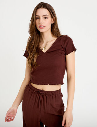 T-shirt c&ocirc;tel&eacute; manches courtes marron femme