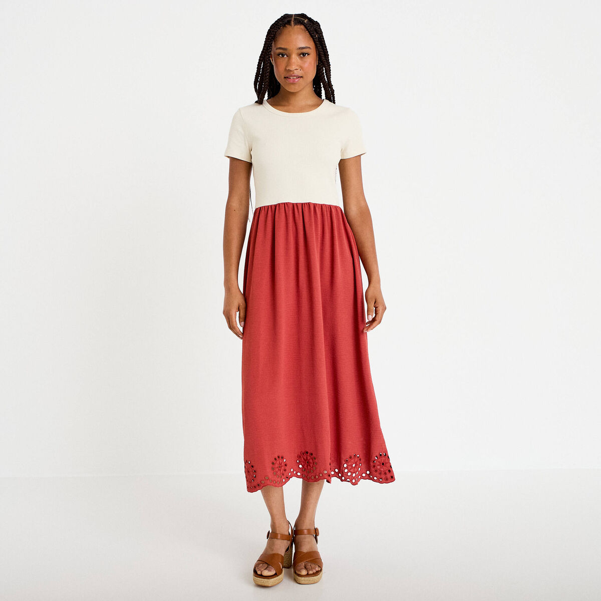 Robe longue &eacute;vas&eacute;e bi-mati&egrave;re brod&eacute;e vieux rose femme