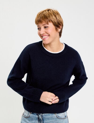 Pull col rond manches longues bleu marine femme