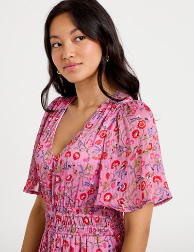 Robe longue &eacute;vas&eacute;e voile manches courtes rose femme