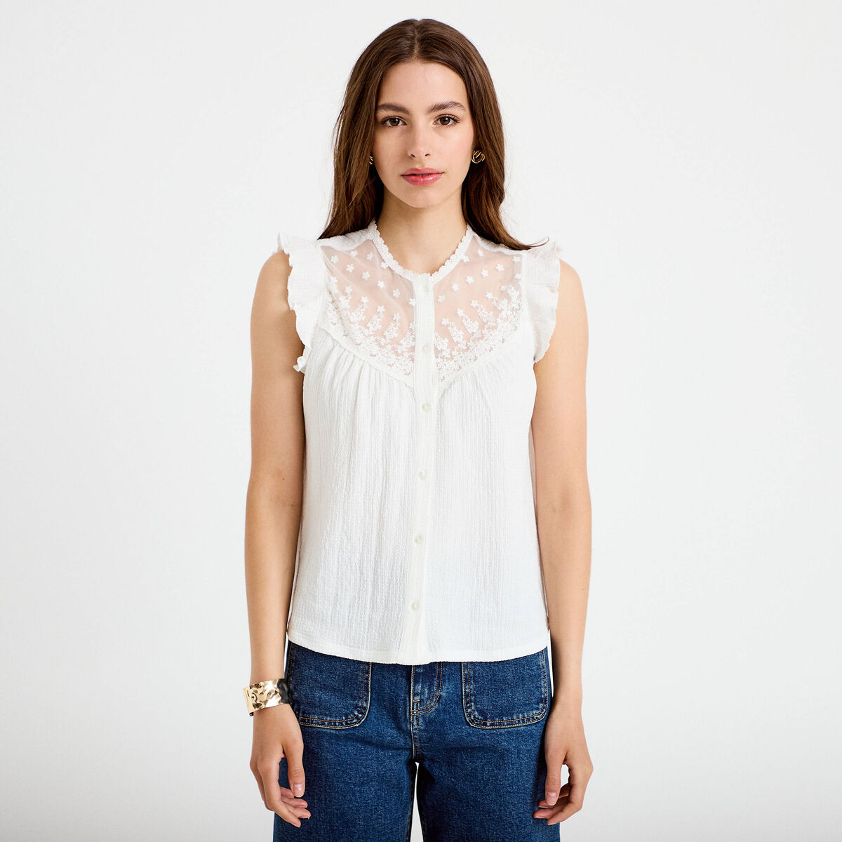 Blouse sans manches col rond ecru femme