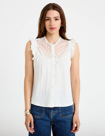 Blouse sans manches col rond ecru femme