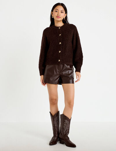 Gilet bouclette col rond manches longues marron fonc&eacute; femme