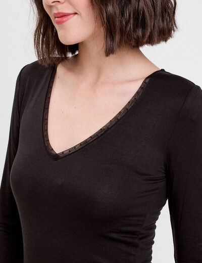 T-shirt thermique col en V plumetis noir femme