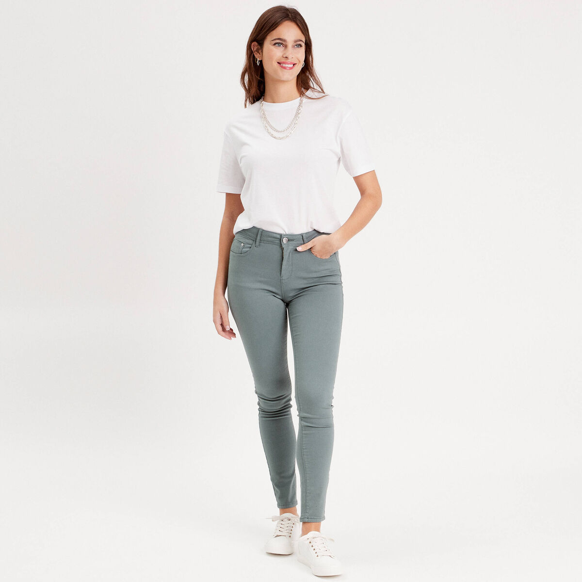 Jeans slim 5 poches vert fonc&eacute; femme