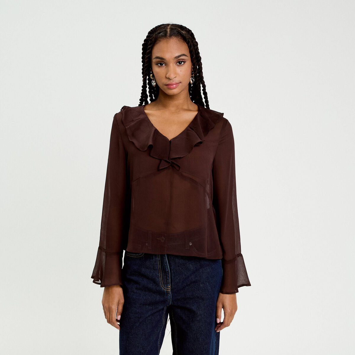 Blouse col V marron fonc&eacute; femme