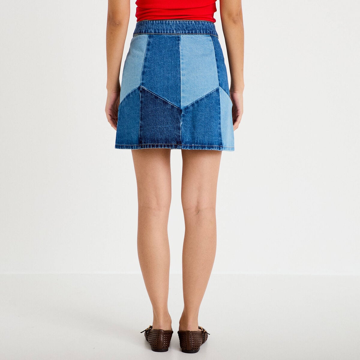 Jupe courte &eacute;vas&eacute;e taille haute en jean denim double stone femme