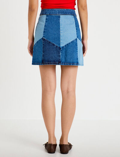 Jupe courte &eacute;vas&eacute;e taille haute en jean denim double stone femme