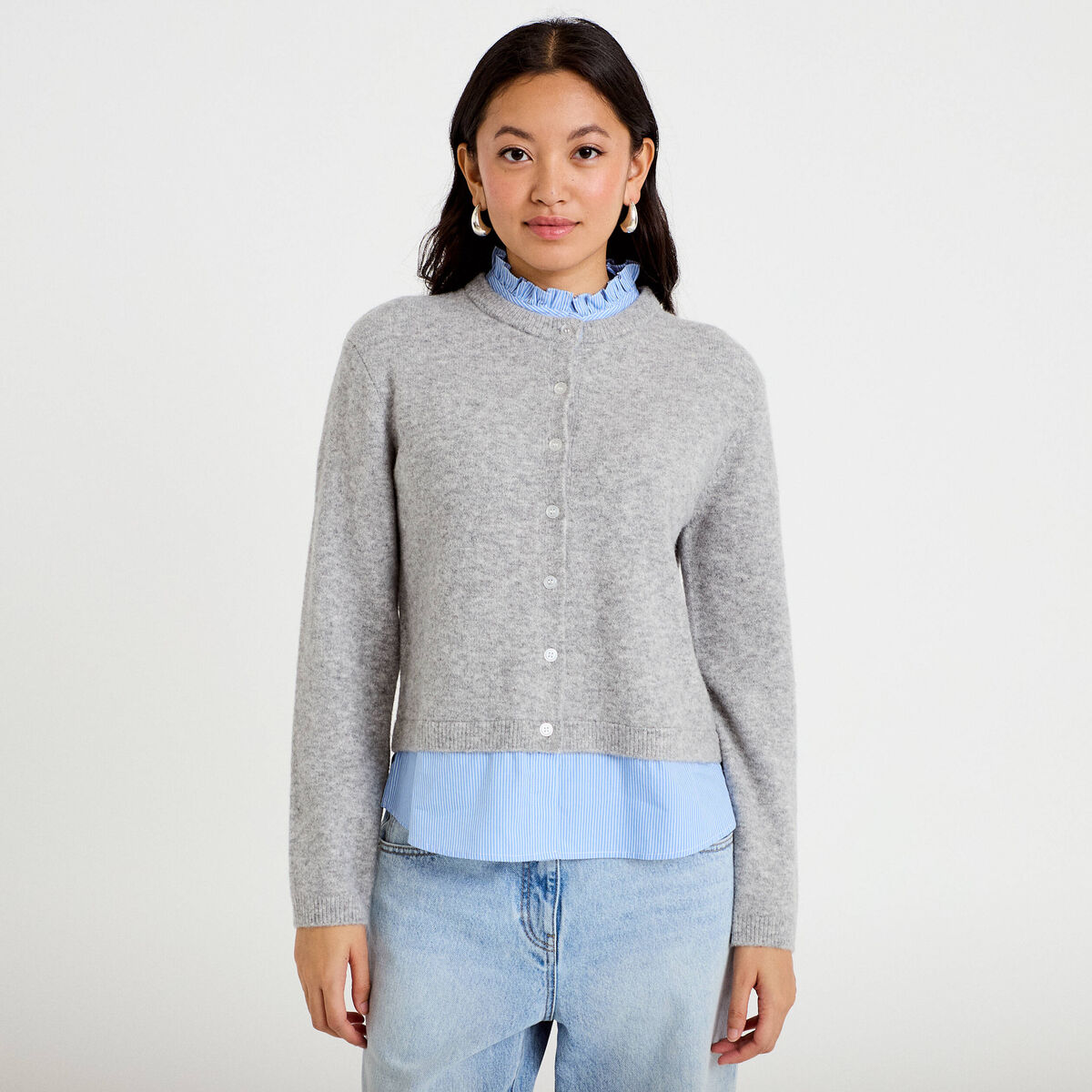 Gilet 2-en-1 col chemise manches longues gris clair femme