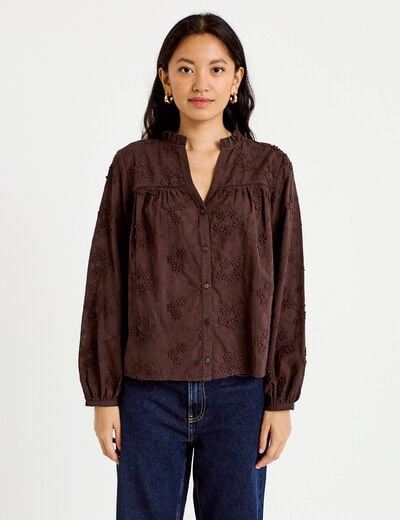 Blouse droite col rond manches longues marron fonc&eacute; femme