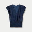 Blouse cintr&eacute;e col v manches courtes bleu marine femme