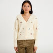 Gilet manches longues fleurs brod&eacute;es sable femme