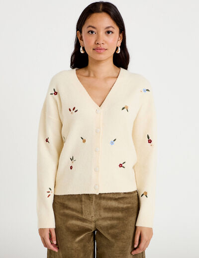Gilet manches longues fleurs brod&eacute;es sable femme
