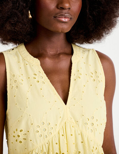 Robe courte &eacute;vas&eacute;e col v sans manches jaune clair femme
