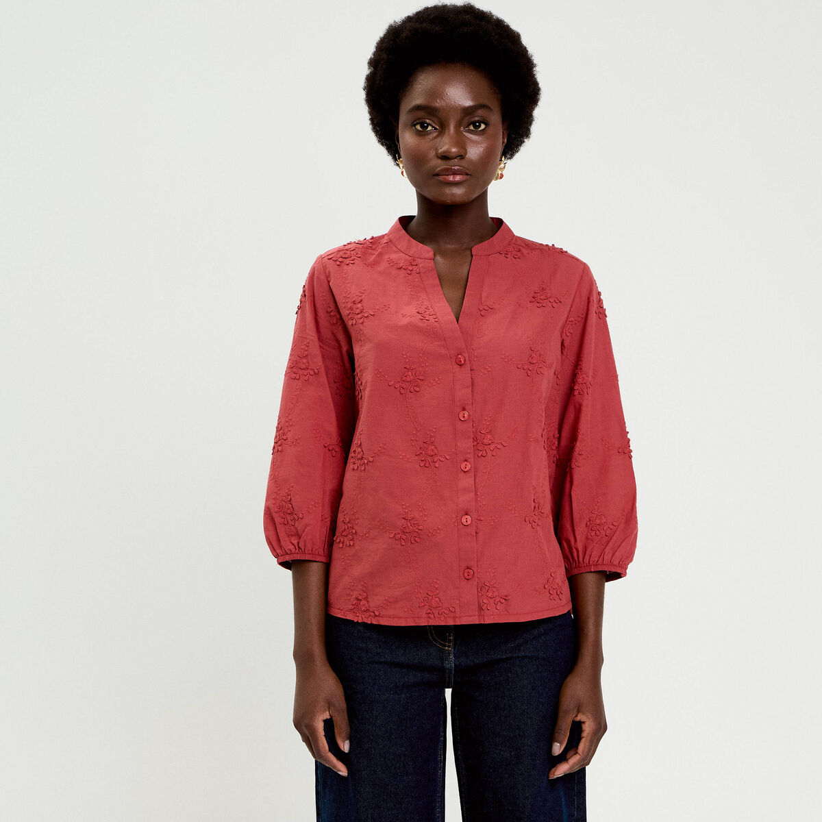Blouse brod&eacute;e col mao manches 3/4 vieux rose femme