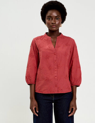 Blouse brod&eacute;e col mao manches 3/4 vieux rose femme