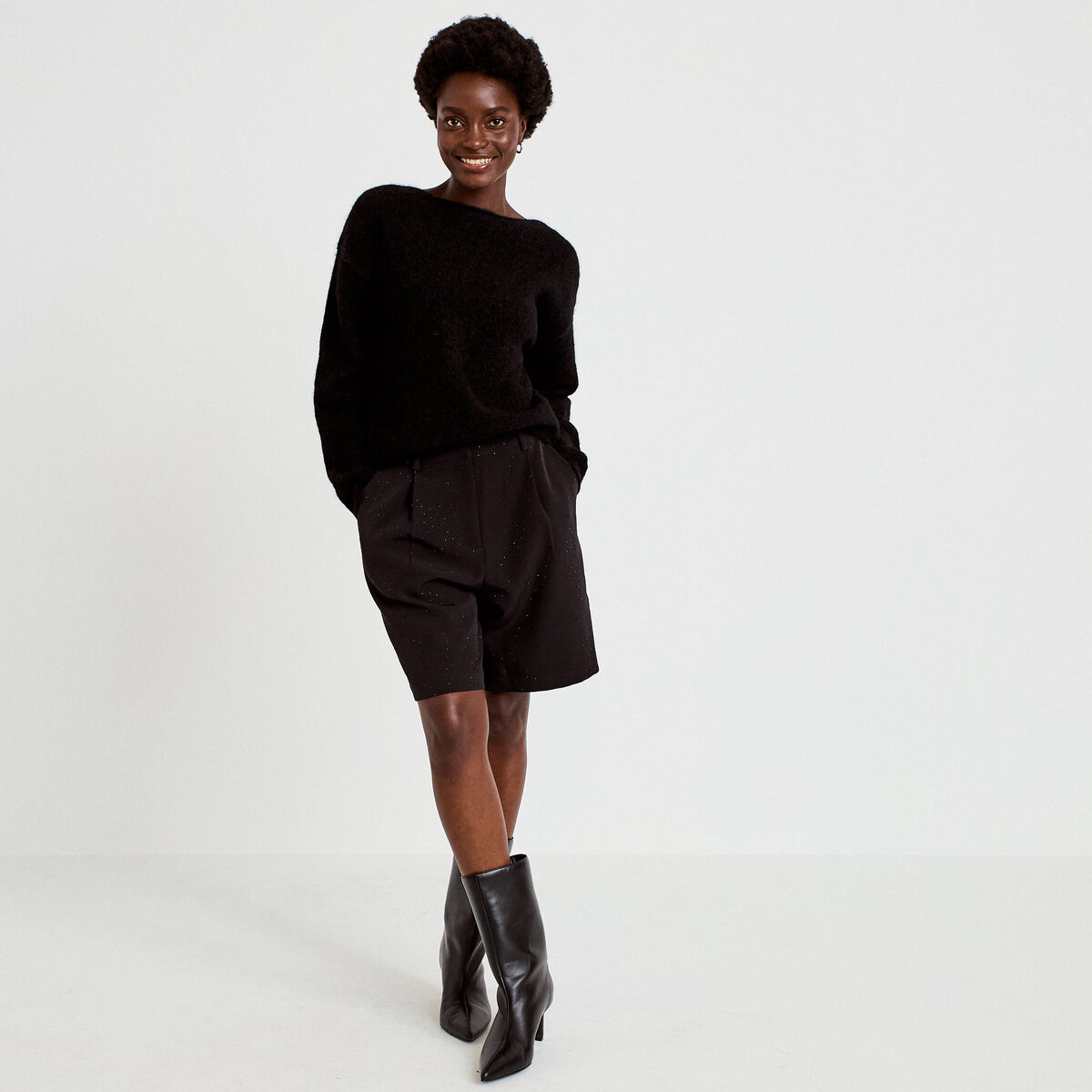 Pull col rond manches longues noir femme