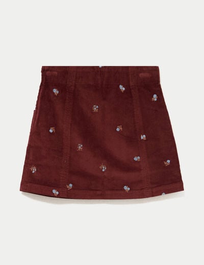 Jupe courte trap&egrave;ze en velours brod&eacute; marron femme