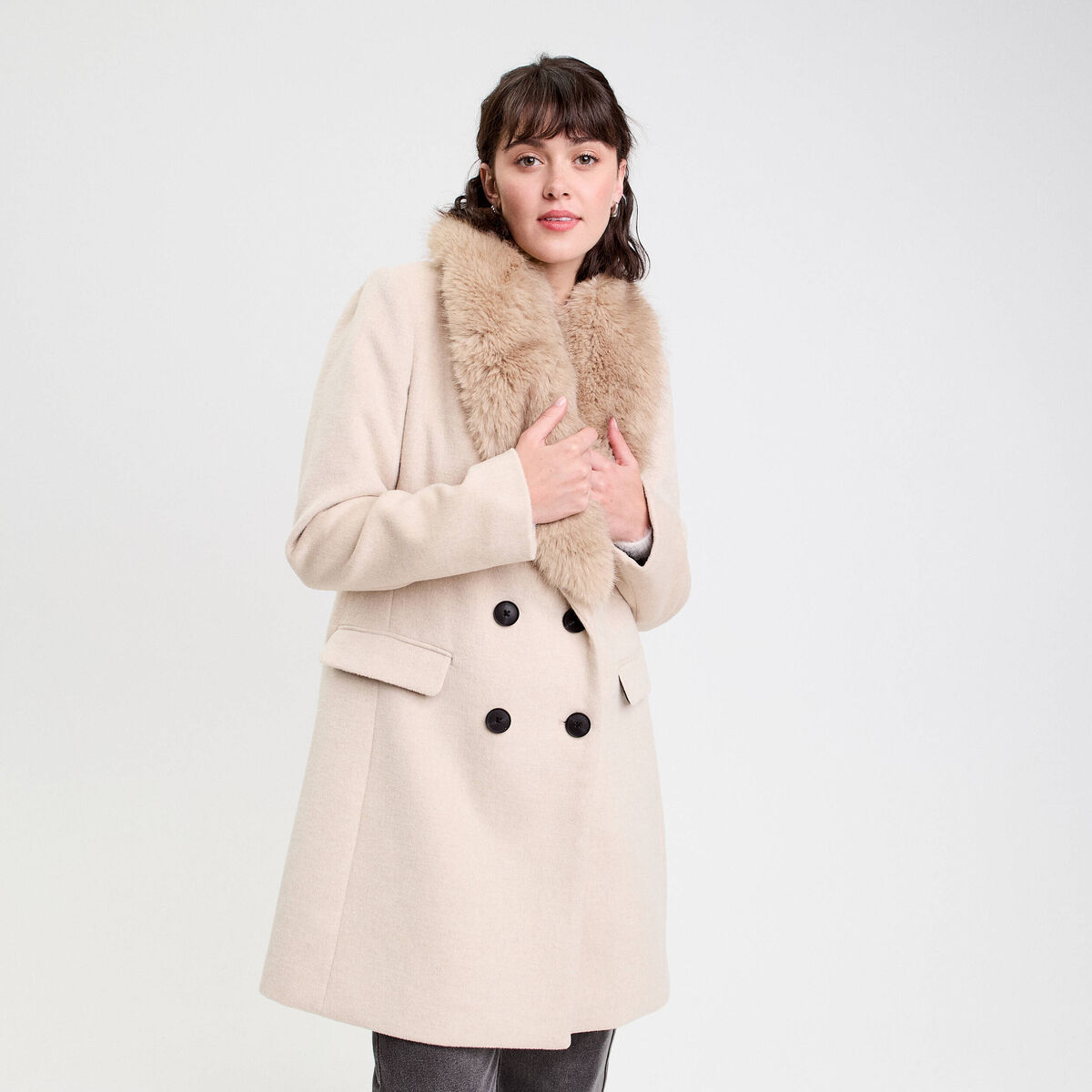 Manteau col fausse fourrure beige femme