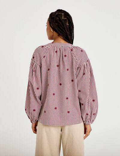 Blouse vichy brod&eacute;e rouge femme