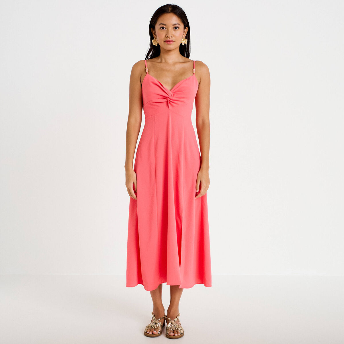 Robe longue &eacute;vas&eacute;e fendue rose femme