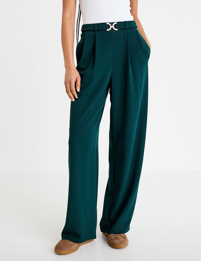 Pantalon large ceinture bijou vert fonc&eacute; femme