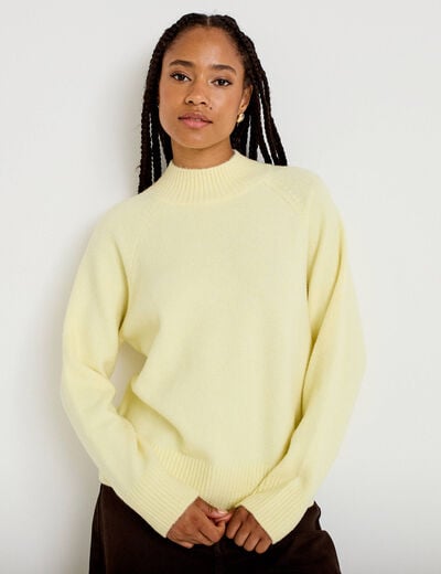 Pull col montant manches longues jaune clair femme