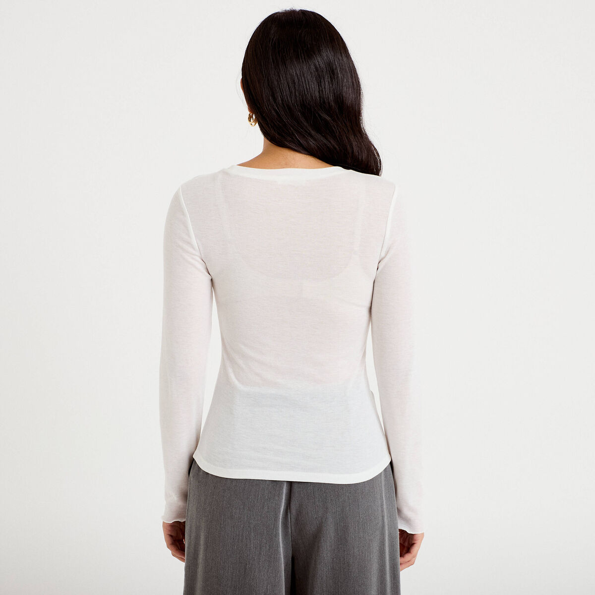 T-shirt ajust&eacute; col rond manches longues ecru femme