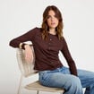 Gilet ajust&eacute; col rond manches longues marron fonc&eacute; femme