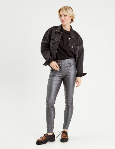 Pantalon skinny enduit gris fonc&eacute; femme