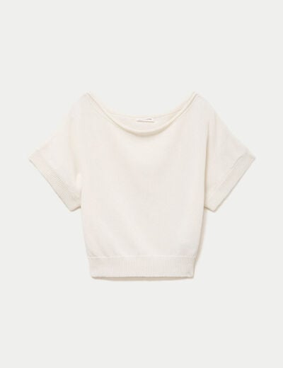 Pull ample cropped manches courtes ecru femme