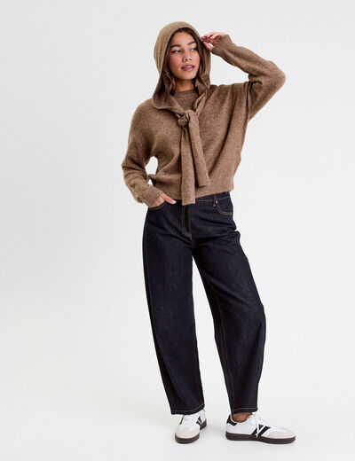 Pull &agrave; capuche manches longues marron clair femme