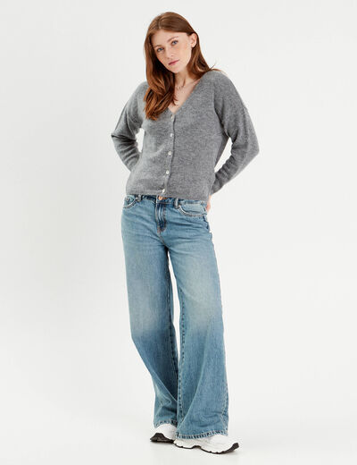 Gilet boutonn&eacute; avec col en V gris fonc&eacute; femme