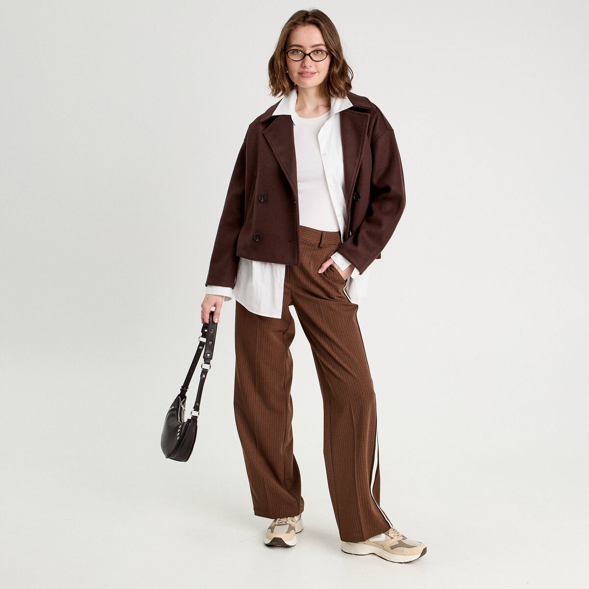 Pantalon large bandes c&ocirc;t&eacute;s marron fonc&eacute; femme