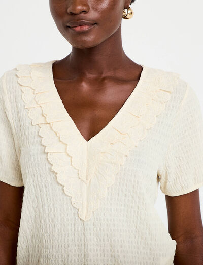 Blouse pliss&eacute;e col v manches courtes ecru femme