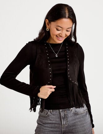Gilet droit sans manches aspect daim noir femme